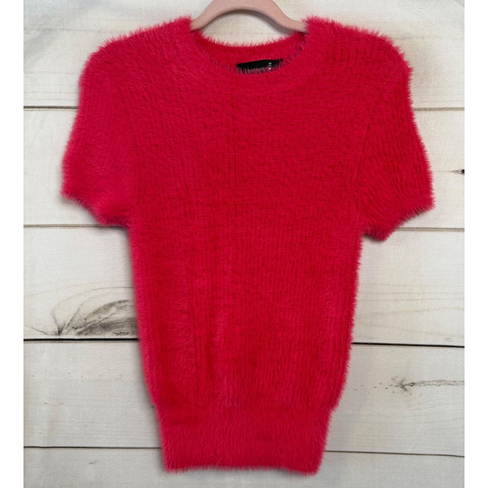 Broadway Women Hot Pink Eyelash Fuzzy Knit Short Sleeve Sweater Top XS Barbie